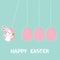 Happy Easter text. Hanging pink painting egg set. Bunny rabbit hare holding carrot. Dash line. Perpetual motion mobile. Greeting c