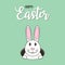 Happy Easter text lettering with Easter bunny looks out of the hole - hunts eggs. Typography graphics for card, poster, banners.
