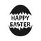 Happy Easter text. Painted cracked egg shell. Black shape silhouette. Typography poster lettering. Greeting card. White background