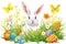 Happy easter Text region Eggs Grace Basket. White Happiness Bunny easter chocolates. Rose Dawn background wallpaper