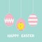 Happy Easter text. Three painting egg. Hanging painted egg shell set. Chicken baby bird. Dash line. Greeting card. Flat design sty