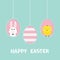 Happy Easter text. Three painting egg shell. Hanging painted egg set. Chicken bird, rabbit hare. Dash line. Greeting card. Flat