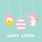 Happy Easter text. Three painting egg shell. Hanging painted egg set. Rabbit hare with carrot, chicken bird. Dash line. Greeting c
