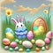 Happy Easter theme, showing easter eggs, flowers and a rabbit with three ears, generated by AI.