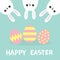 Happy Easter. Three bunny rabbit hanging upside down. Picaboo. Painted pattern egg set. Flat design. Funny head face. Cute kawaii