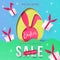 Happy Easter trendy Paper art Sale background with Egg Hunt, rabbit ears and gift boxes.