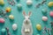 Happy easter tulip tattoo Eggs Glitter Basket. White Hand tied bouquet Bunny graduation card. coastal background wallpaper