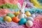 Happy easter Turquoise Forest Eggs Misty meadows Basket. White ruby Bunny Colorful swirls. Climbers background wallpaper