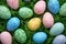 Happy easter Turquoise Gem Eggs Glossy Basket. White space for contrast Bunny plush novelty item. spirited background wallpaper