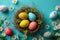 Happy easter Turquoise Sea Eggs Chicks Basket. White doubting thomas Bunny Orange Sunset. Lavender background wallpaper