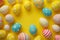 Happy easter Turquoise Spring Eggs Pastel Palette Basket. White wonder Bunny innocent. Border space background wallpaper