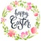 Happy Easter Typography Background with wreath and calligraphy greeting card. Vector illustration.