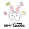 Happy easter vector card with cute cartoon bunny tooth character and eggs