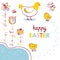 Happy Easter vector cartoon. Cute hand-drawn background with easter chickens, river, flowers, lettering, insects.