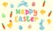 Happy Easter vector cute banner with colored ornate eggs, cartoon chiken and Easter banny, rabbit on yellow paper background. Funn