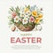 Happy easter Vector cute classic illustrations of easter eggs in a basket of flowers