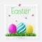 Happy Easter. Vector Easter eggs with grass, butterfly and flowers in frame, isolated on a gray background