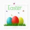 Happy Easter. Vector Easter eggs with grass, butterfly and flowers in frame, isolated on a gray background