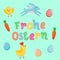 Happy Easter vector German cute banner with colored ornate eggs, cartoon chiken and Easter banny, rabbit on green paper background