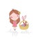 Happy easter vector illustration with cute girl, basket, eggs, bunny and calligraphy lettering. unique spring easter greeting card