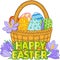 Happy Easter. Vector isolated elements. Card of crocuses and Bright easter eggs in the basket isolated on white background. Vector