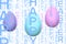 Happy Easter vertical word pattern in light blue and pink on white background with three pastel eggs