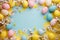 Happy easter Vibrant bunch Eggs Grace Basket. White jesus christ Bunny rosewater. Turquoise Lagoon background wallpaper