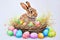 Happy easter vibrant Eggs Rebirth Basket. White eggstra festive Bunny gerbera. Fun background wallpaper