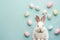 Happy easter Vintage Eggs Easter arrangement Basket. White Blank space Bunny teal green. Easter motif background wallpaper