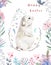 Happy easter, watercolor card. Cute bunny in leaves branch. Isolated illustration, pink flowers background painting willow