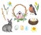 Happy Easter watercolor collection. Bunny, robin bird, nest, colored eggs, flowers, decorative wreath, isolated on white