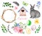 Happy Easter watercolor elements set. Hand drawn rabbit, pussy willow branches, eggs, nest, decorative wreath, green leaves