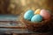 Happy easter whimsical Eggs Egg hunt Basket. White shabby chic Bunny Easter design. Flowers background wallpaper