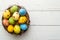 Happy easter Whimsical Eggs Gentle breezes Basket. White chromatic Bunny easter sweets. Easter joy background wallpaper