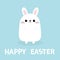 Happy Easter. White bunny rabbit. Funny face head body. Cute kawaii cartoon character. Baby greeting card. Blue background. Flat d