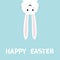 Happy Easter. White bunny rabbit. Funny head face silhouette hanging upside down. Eyes, teeth, big long ears. Cute cartoon charact