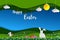 Happy Easter with white rabbits,colorful eggs and little daisy in the meadow,landscape paper art background