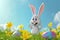 Happy easter wish Eggs Paint Basket. Easter Bunny color scheme festivities. Hare on meadow with beige easter background wallpaper