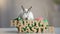 Happy Easter wooden sign with cute bunny in basket, spring holiday celebration