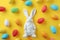 Happy easter Writing panel Eggs Easter decorations Basket. White warm wish Bunny grateful. Easter egg roll background wallpaper
