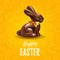 Happy Easter yellow background template with delicious chocolate Easter bunny or rabbit in seamless holiday background