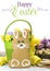 Happy Easter yellow and lime green theme gingerbread bunny cookie with basket, tulips, and candy birds eggs with ssample text