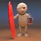 Happy Egyptian mummy monster holding his surfboard and drink, 3d illustration