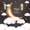 happy eid mubarak greeting card with 3d moon and islamic latern cartoon style