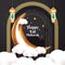 happy eid mubarak greeting card with 3d moon and islamic latern cartoon style
