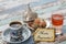 Happy eid text in turkish on greeting card with turkish coffee,