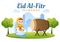 Happy Eid ul-Fitr Mubarak Illustration. Cute Cartoon of Kids Playing Bedug or Drum to Celebrate in Flat Style Background