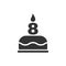 Happy eighth birthday icon. Cake with a candle in the form of the number 8. Vector symbol EPS 10