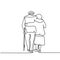 Happy elderly couple hugging and walking