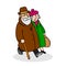 Happy elderly couple walking. Funny older man with a cane and a